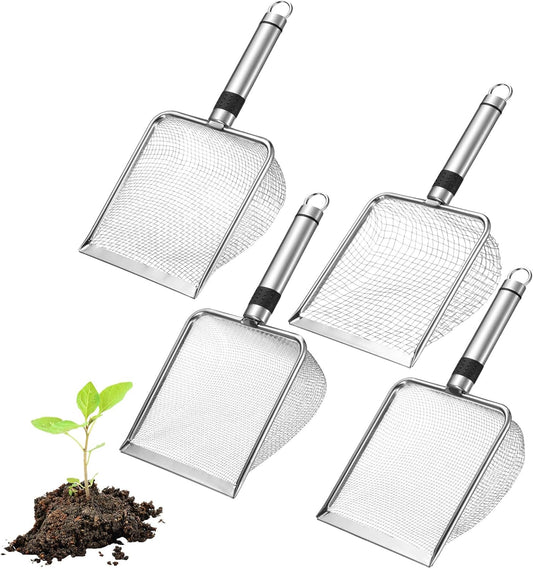 4-Pack Gardening Soil Sifter, 2/2.8/3.8/5 mm Mesh Stainless Steel Sand Soil Compost Sieve with Stainless Steel Handle for Sand/Dirt/Rock Compost, Screen Potting Scoop [Silver Tone]