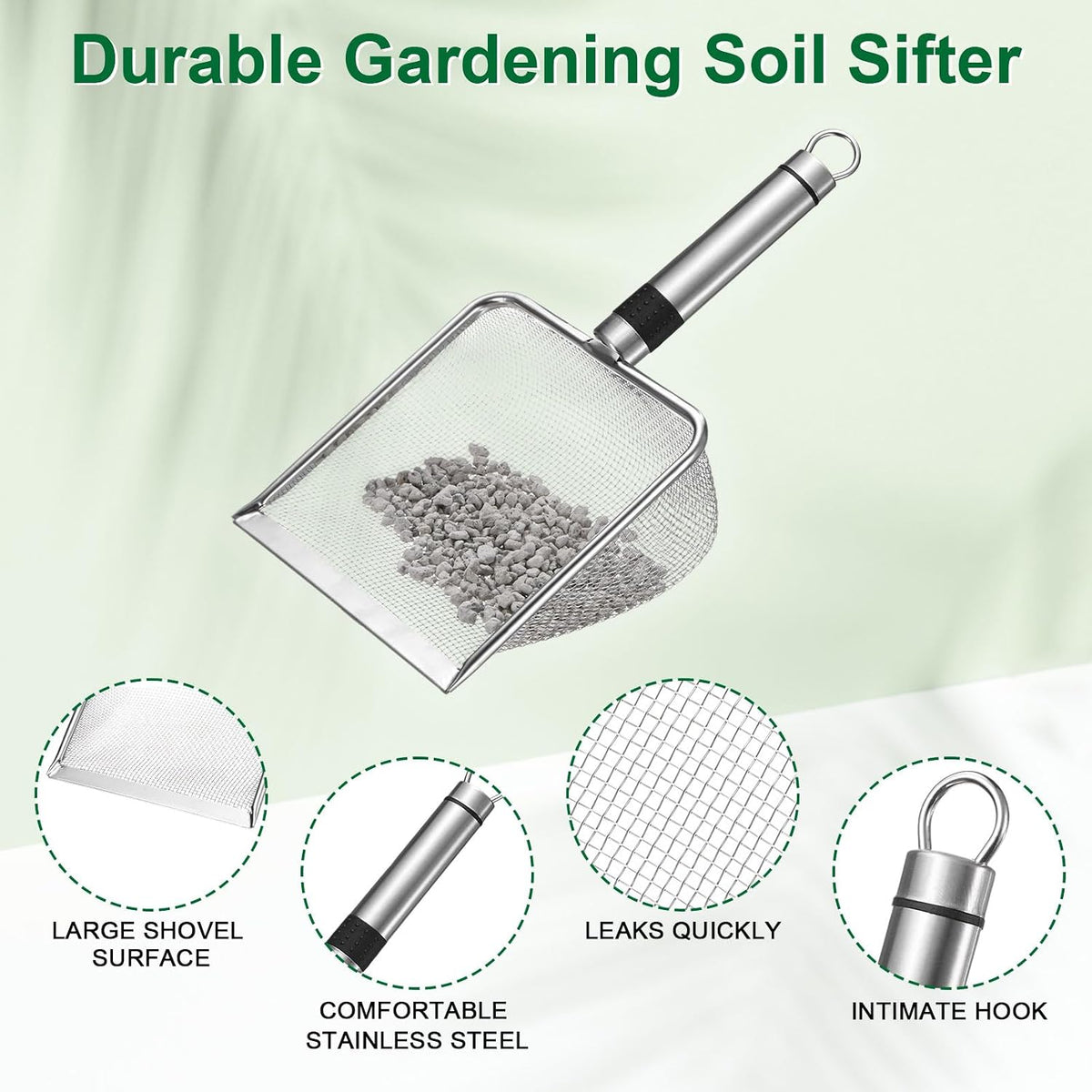 4-Pack Gardening Soil Sifter, 2/2.8/3.8/5 mm Mesh Stainless Steel Sand Soil Compost Sieve with Stainless Steel Handle for Sand/Dirt/Rock Compost, Screen Potting Scoop [Silver Tone]
