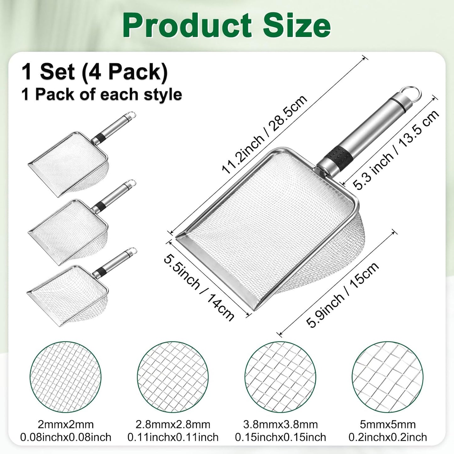 4-Pack Gardening Soil Sifter, 2/2.8/3.8/5 mm Mesh Stainless Steel Sand Soil Compost Sieve with Stainless Steel Handle for Sand/Dirt/Rock Compost, Screen Potting Scoop [Silver Tone]