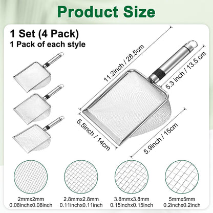 4-Pack Gardening Soil Sifter, 2/2.8/3.8/5 mm Mesh Stainless Steel Sand Soil Compost Sieve with Stainless Steel Handle for Sand/Dirt/Rock Compost, Screen Potting Scoop [Silver Tone]