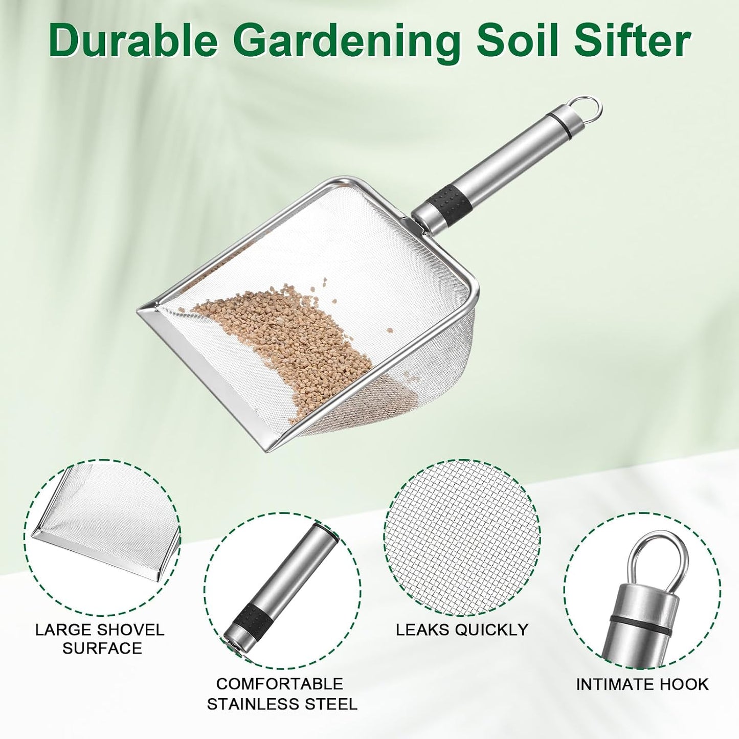 4-Pack Gardening Soil Sifter, 2/2.8/3.8/5 mm Mesh Stainless Steel Sand Soil Compost Sieve with Stainless Steel Handle for Sand/Dirt/Rock Compost, Screen Potting Scoop [Silver Tone]