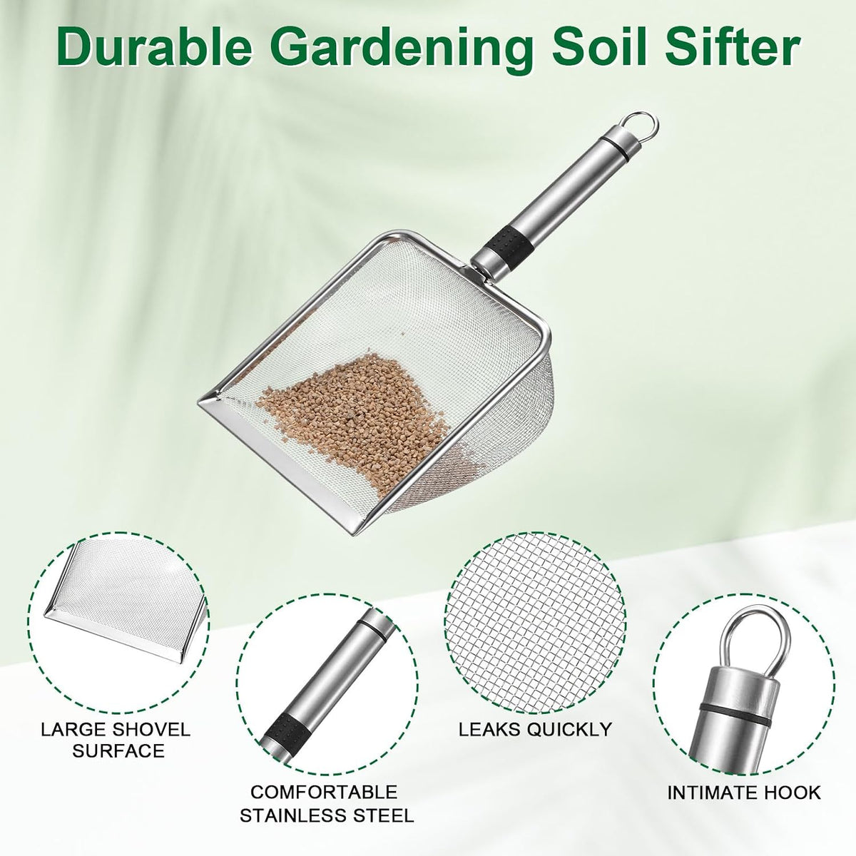 4-Pack Gardening Soil Sifter, 2/2.8/3.8/5 mm Mesh Stainless Steel Sand Soil Compost Sieve with Stainless Steel Handle for Sand/Dirt/Rock Compost, Screen Potting Scoop [Silver Tone]