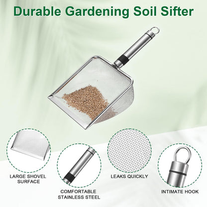 4-Pack Gardening Soil Sifter, 2/2.8/3.8/5 mm Mesh Stainless Steel Sand Soil Compost Sieve with Stainless Steel Handle for Sand/Dirt/Rock Compost, Screen Potting Scoop [Silver Tone]