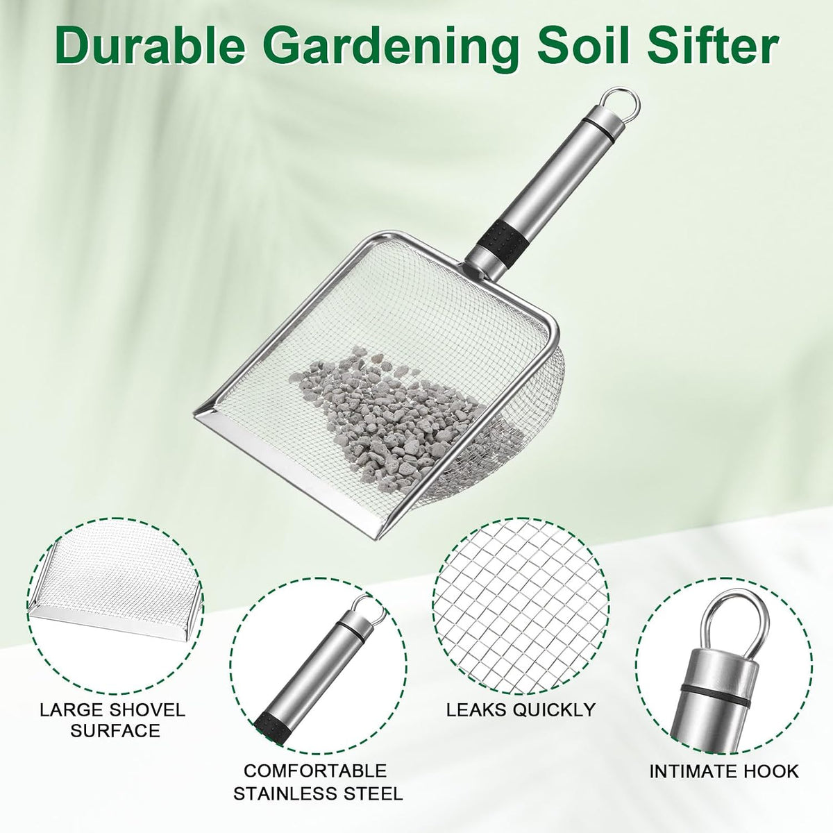 4-Pack Gardening Soil Sifter, 2/2.8/3.8/5 mm Mesh Stainless Steel Sand Soil Compost Sieve with Stainless Steel Handle for Sand/Dirt/Rock Compost, Screen Potting Scoop [Silver Tone]