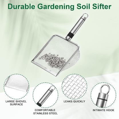 4-Pack Gardening Soil Sifter, 2/2.8/3.8/5 mm Mesh Stainless Steel Sand Soil Compost Sieve with Stainless Steel Handle for Sand/Dirt/Rock Compost, Screen Potting Scoop [Silver Tone]