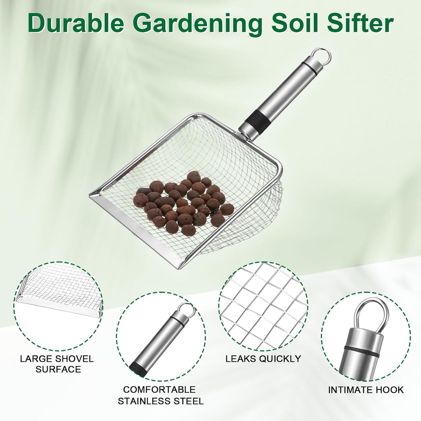 4-Pack Gardening Soil Sifter, 2/2.8/3.8/5 mm Mesh Stainless Steel Sand Soil Compost Sieve with Stainless Steel Handle for Sand/Dirt/Rock Compost, Screen Potting Scoop [Silver Tone]