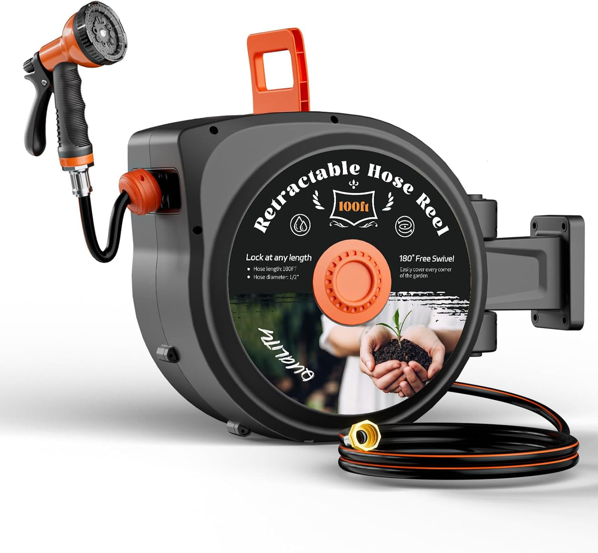 1/2 Inch x 130 FT Retractable Garden Hose Reel, Wall Mounted
