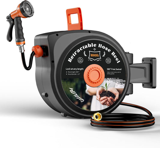 1/2 Inch x 130 FT Retractable Garden Hose Reel, Wall Mounted