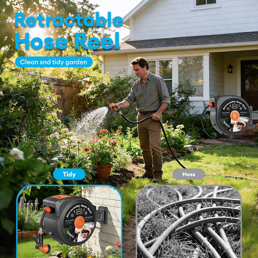 1/2 Inch x 130 FT Retractable Garden Hose Reel, Wall Mounted