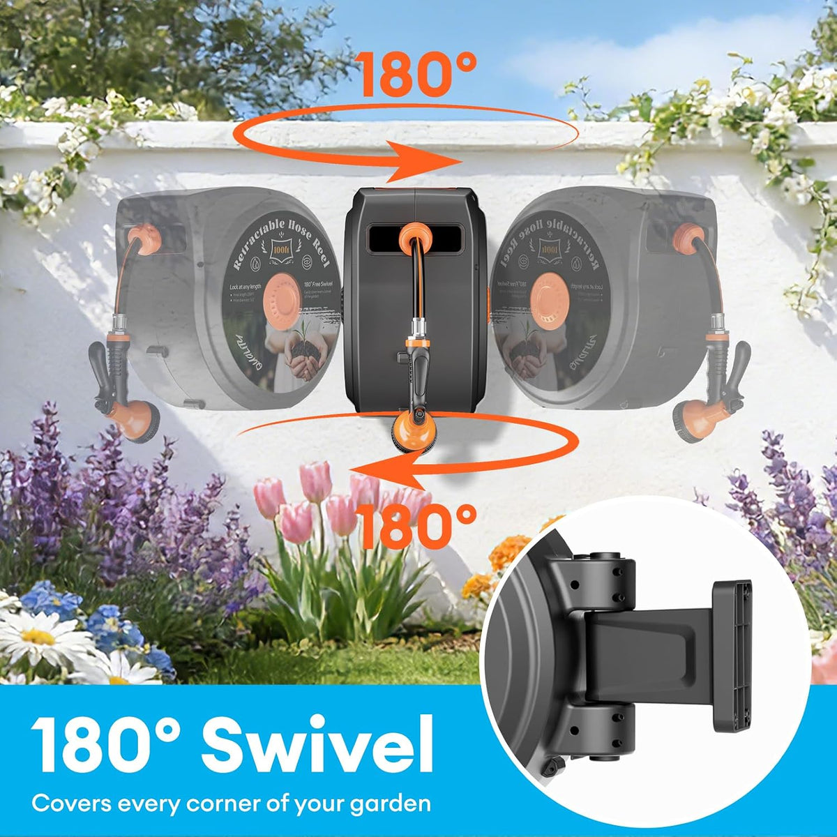 1/2 Inch x 130 FT Retractable Garden Hose Reel, Wall Mounted