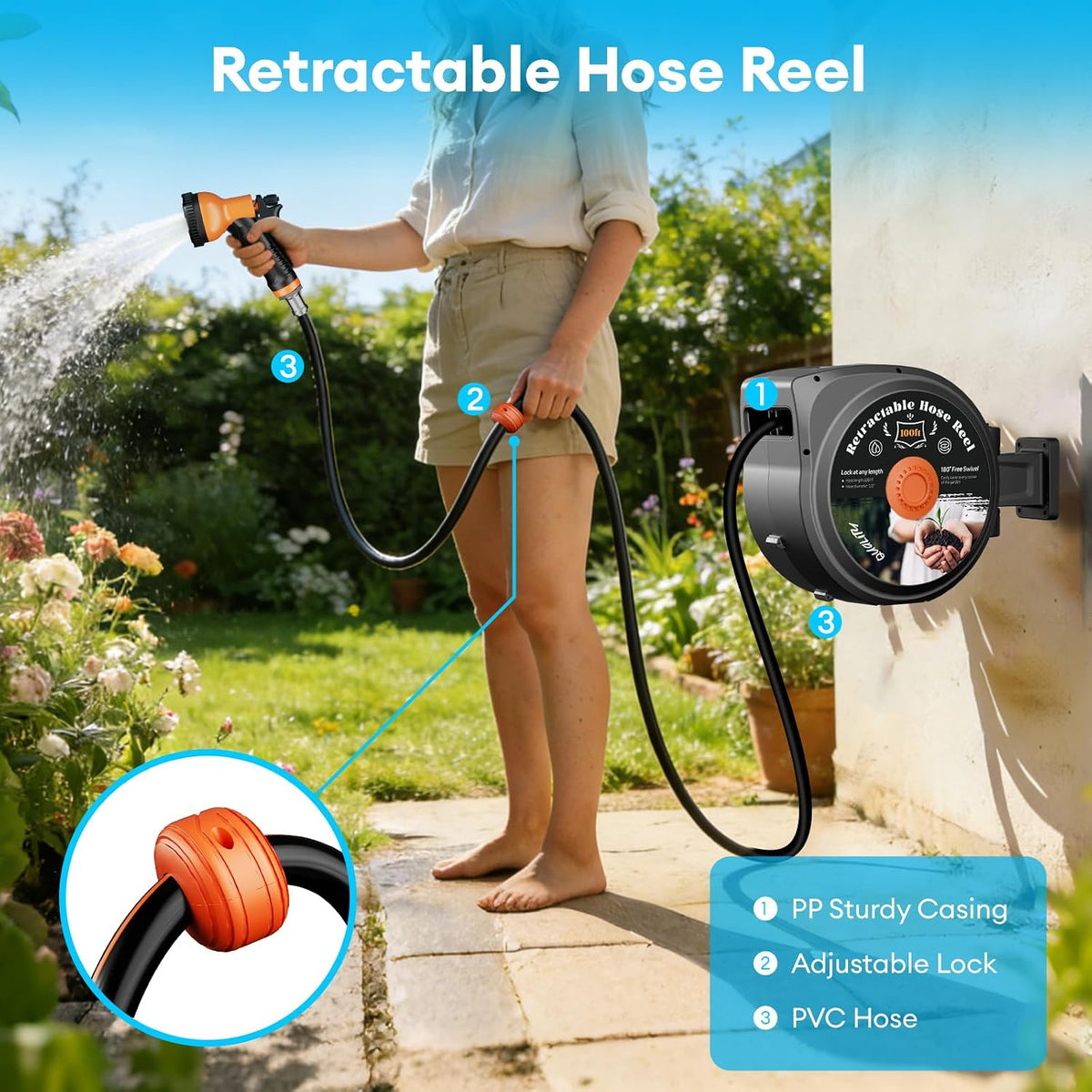 1/2 Inch x 130 FT Retractable Garden Hose Reel, Wall Mounted