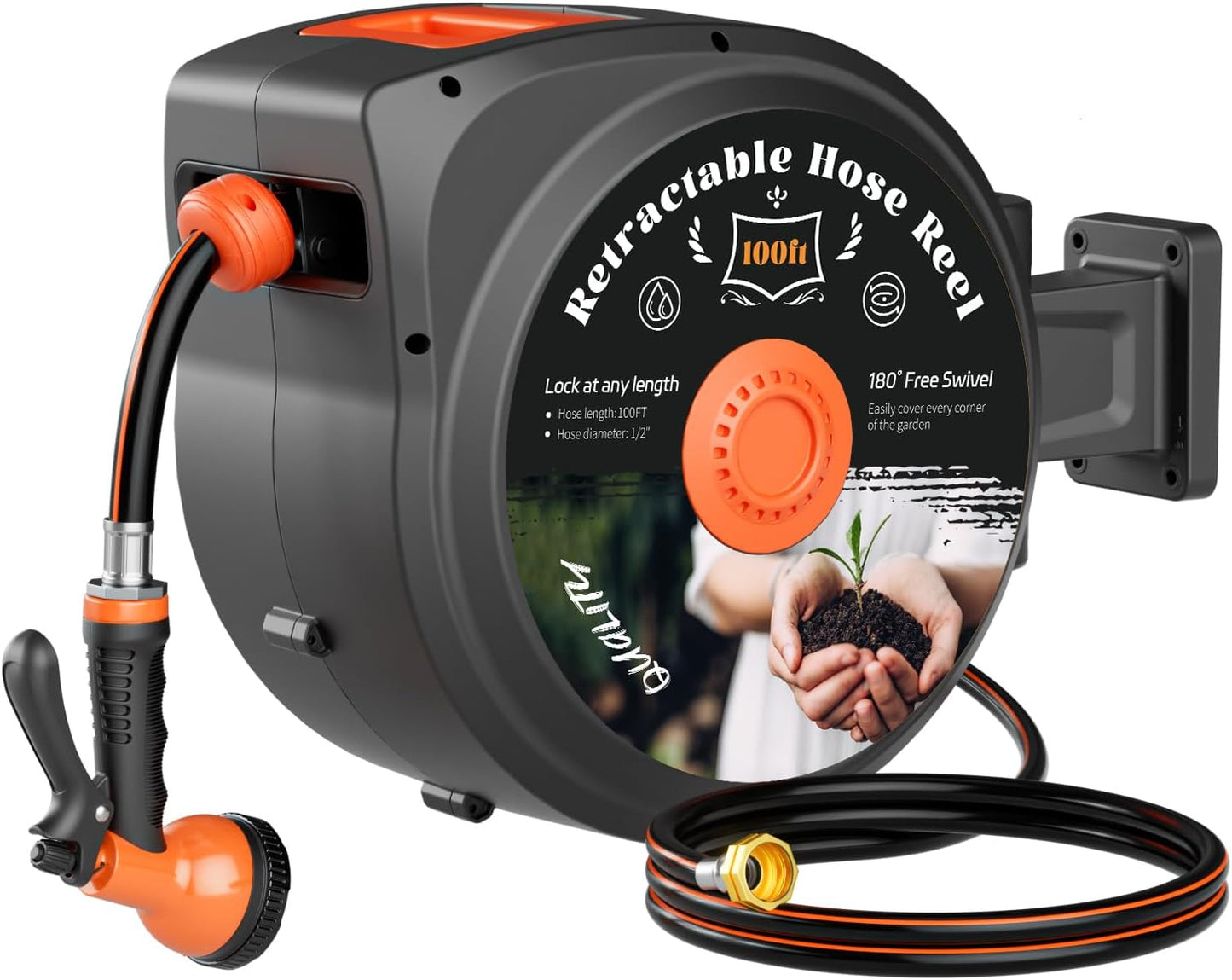 1/2 Inch x 130 FT Retractable Garden Hose Reel, Wall Mounted