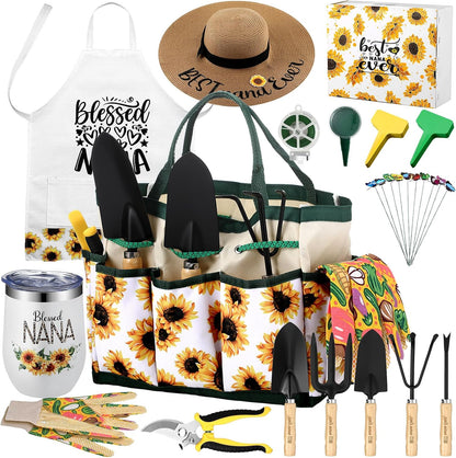 16 Pcs Mothers Day Garden Gift for Nana Women Garden Tools Sunflower Birthday Gardening Supplies from Grandson Gloves Apron Insulation Cup Fork Trowel Tote Bags for Plant Lover Present