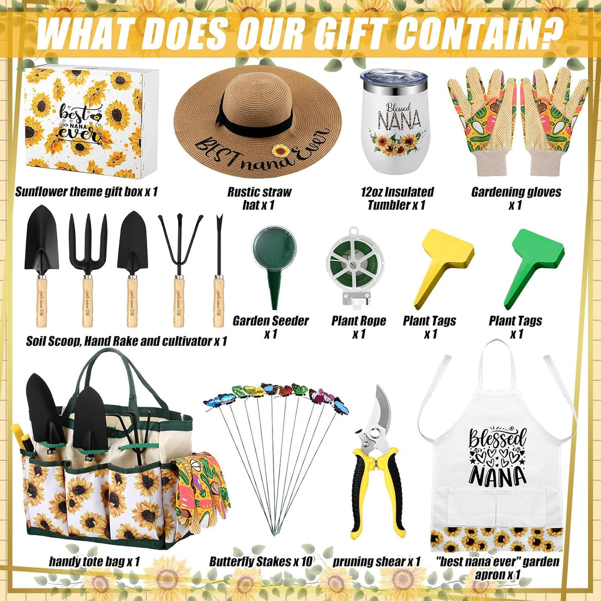 16 Pcs Mothers Day Garden Gift for Nana Women Garden Tools Sunflower Birthday Gardening Supplies from Grandson Gloves Apron Insulation Cup Fork Trowel Tote Bags for Plant Lover Present