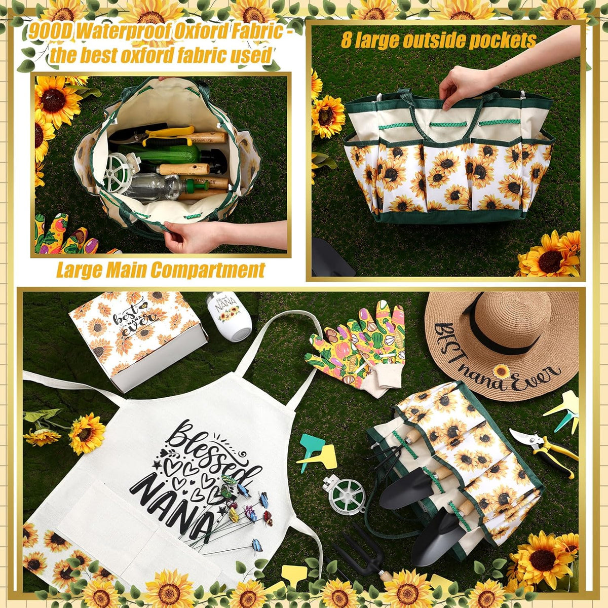 16 Pcs Mothers Day Garden Gift for Nana Women Garden Tools Sunflower Birthday Gardening Supplies from Grandson Gloves Apron Insulation Cup Fork Trowel Tote Bags for Plant Lover Present