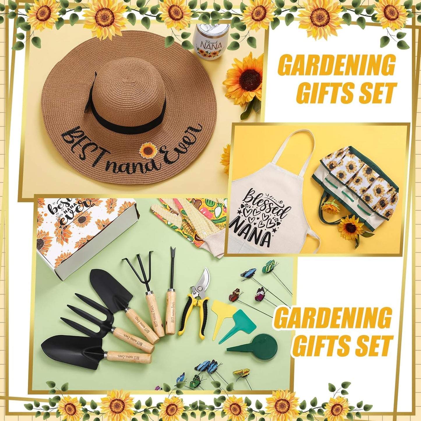 16 Pcs Mothers Day Garden Gift for Nana Women Garden Tools Sunflower Birthday Gardening Supplies from Grandson Gloves Apron Insulation Cup Fork Trowel Tote Bags for Plant Lover Present