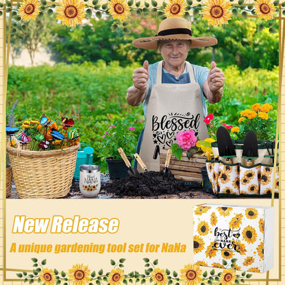16 Pcs Mothers Day Garden Gift for Nana Women Garden Tools Sunflower Birthday Gardening Supplies from Grandson Gloves Apron Insulation Cup Fork Trowel Tote Bags for Plant Lover Present
