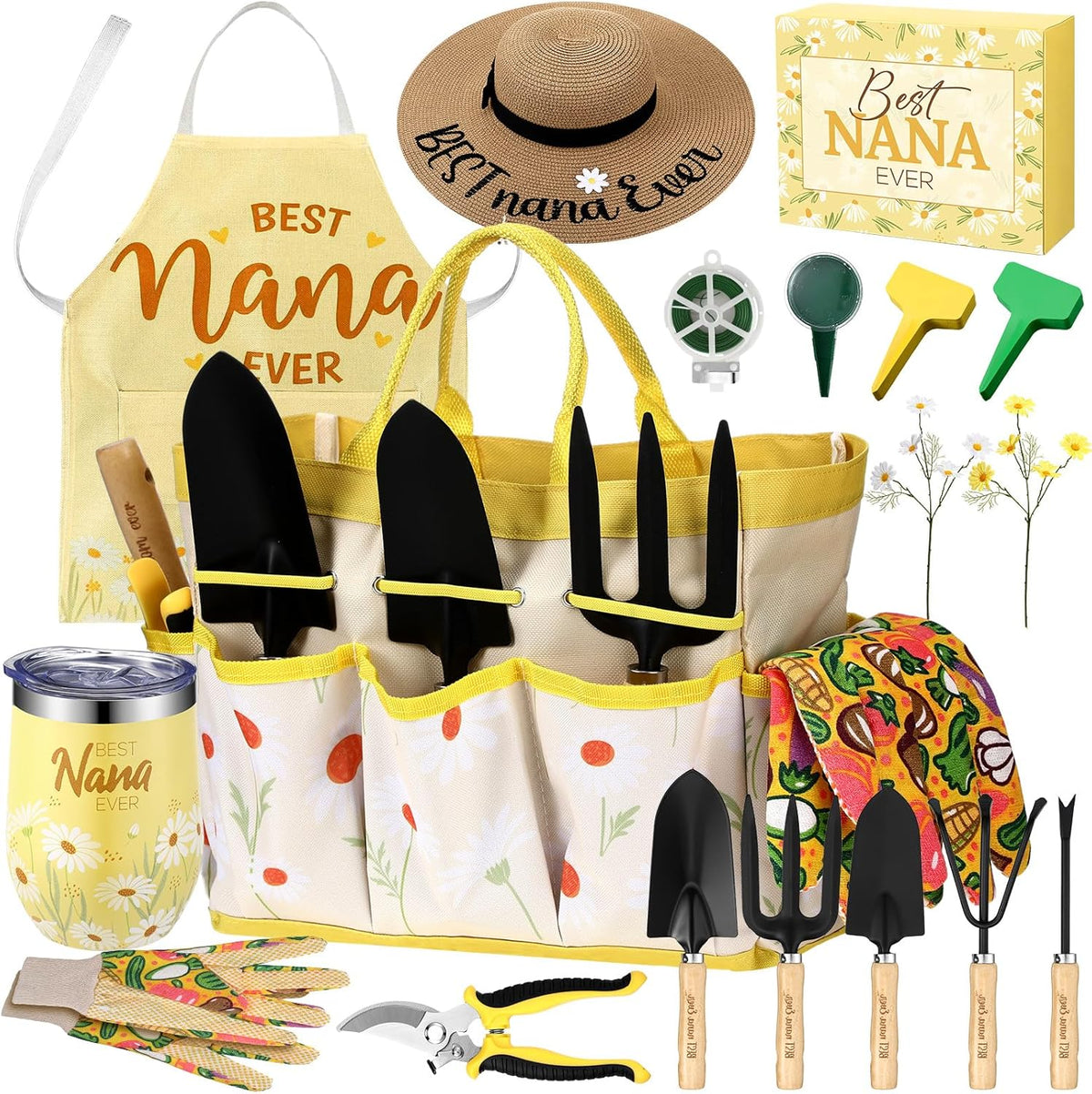 16 Pcs Mothers Day Garden Gift for Nana Women Garden Tools Sunflower Birthday Gardening Supplies from Grandson Gloves Apron Insulation Cup Fork Trowel Tote Bags for Plant Lover Present