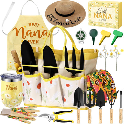 16 Pcs Mothers Day Garden Gift for Nana Women Garden Tools Sunflower Birthday Gardening Supplies from Grandson Gloves Apron Insulation Cup Fork Trowel Tote Bags for Plant Lover Present