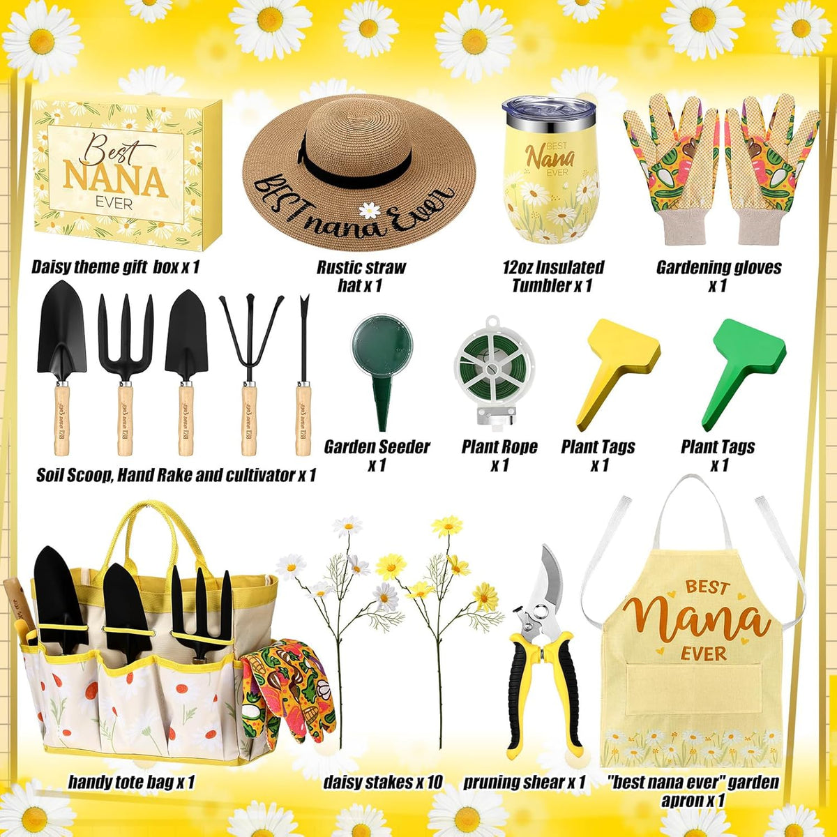 16 Pcs Mothers Day Garden Gift for Nana Women Garden Tools Sunflower Birthday Gardening Supplies from Grandson Gloves Apron Insulation Cup Fork Trowel Tote Bags for Plant Lover Present