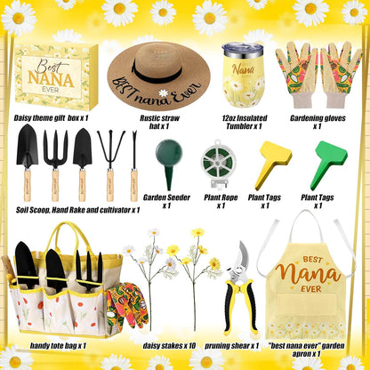 16 Pcs Mothers Day Garden Gift for Nana Women Garden Tools Sunflower Birthday Gardening Supplies from Grandson Gloves Apron Insulation Cup Fork Trowel Tote Bags for Plant Lover Present