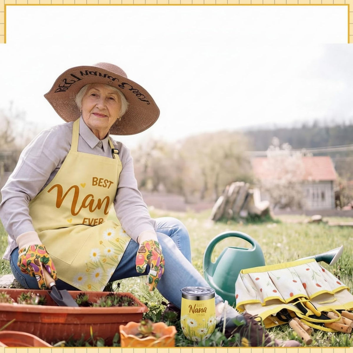 16 Pcs Mothers Day Garden Gift for Nana Women Garden Tools Sunflower Birthday Gardening Supplies from Grandson Gloves Apron Insulation Cup Fork Trowel Tote Bags for Plant Lover Present