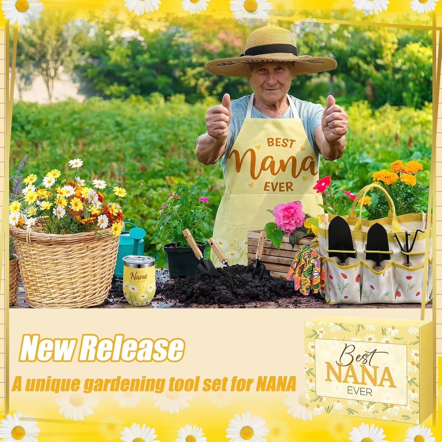 16 Pcs Mothers Day Garden Gift for Nana Women Garden Tools Sunflower Birthday Gardening Supplies from Grandson Gloves Apron Insulation Cup Fork Trowel Tote Bags for Plant Lover Present