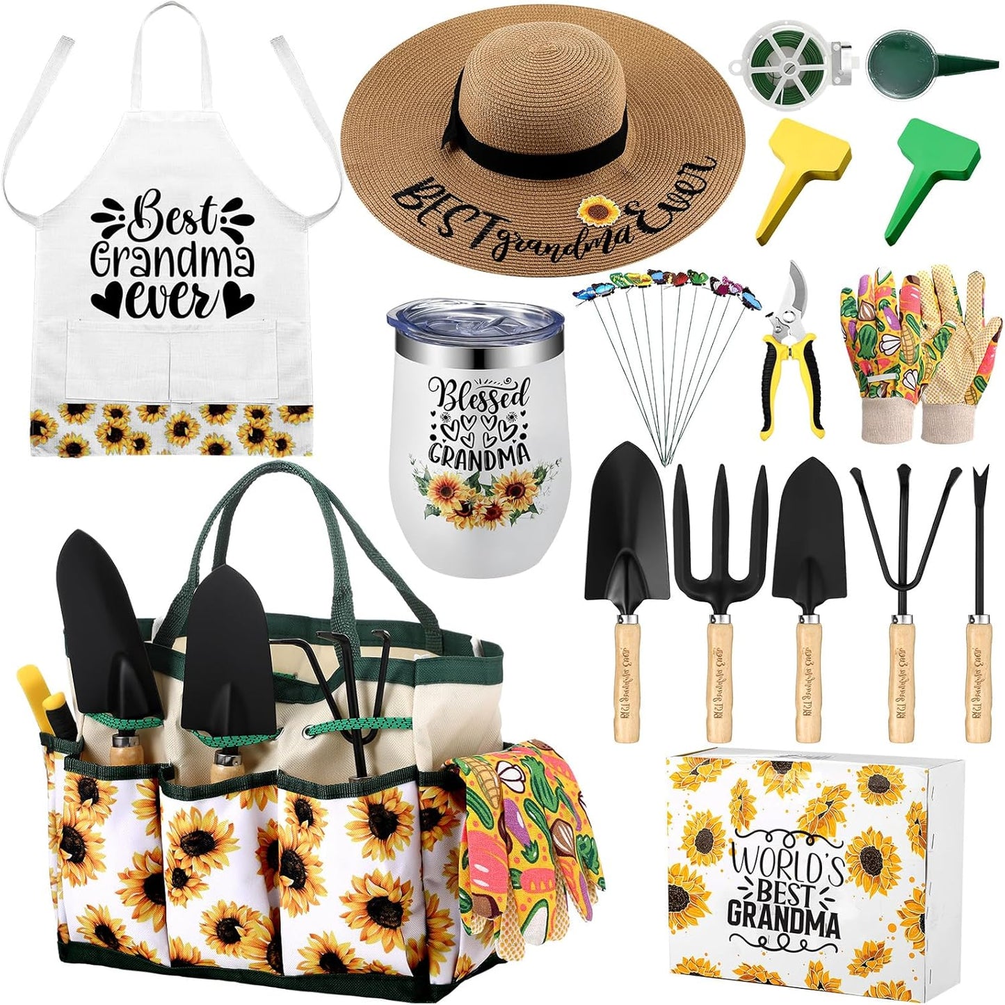 16 Pcs Mothers Day Garden Gift for Nana Women Garden Tools Sunflower Birthday Gardening Supplies from Grandson Gloves Apron Insulation Cup Fork Trowel Tote Bags for Plant Lover Present
