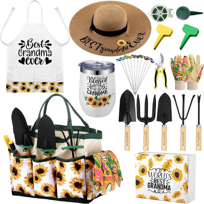 16 Pcs Mothers Day Garden Gift for Nana Women Garden Tools Sunflower Birthday Gardening Supplies from Grandson Gloves Apron Insulation Cup Fork Trowel Tote Bags for Plant Lover Present