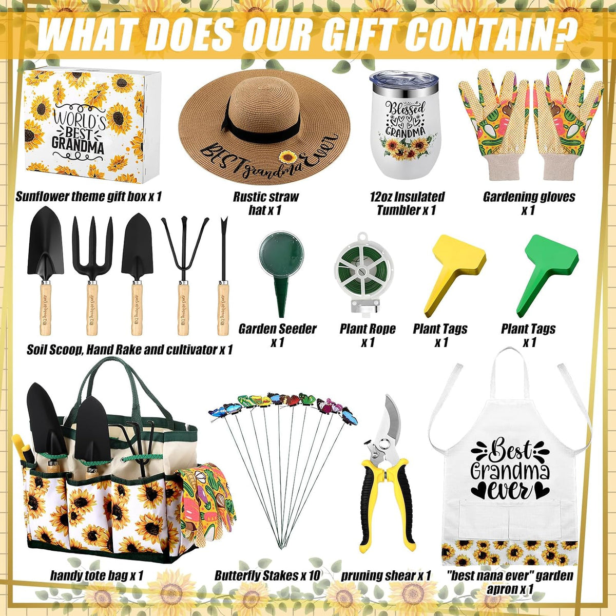 16 Pcs Mothers Day Garden Gift for Nana Women Garden Tools Sunflower Birthday Gardening Supplies from Grandson Gloves Apron Insulation Cup Fork Trowel Tote Bags for Plant Lover Present