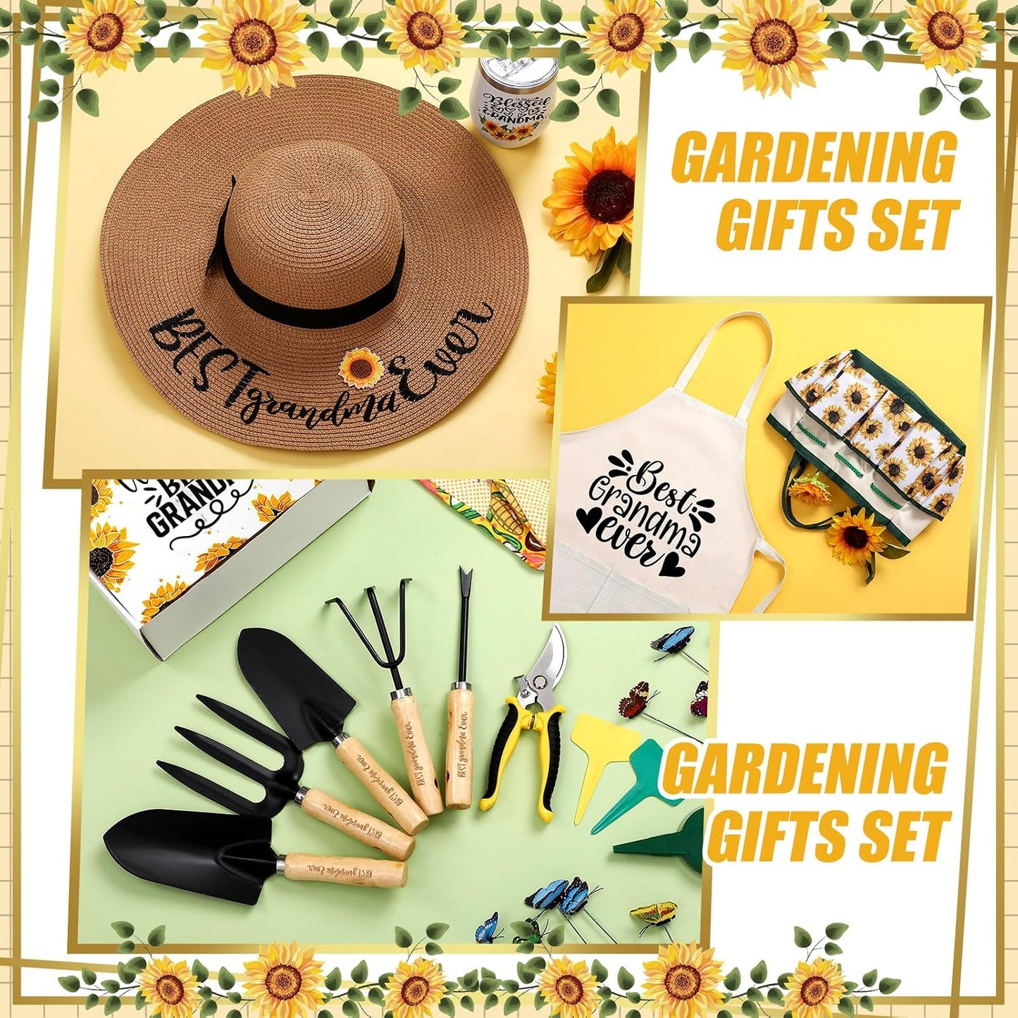 16 Pcs Mothers Day Garden Gift for Nana Women Garden Tools Sunflower Birthday Gardening Supplies from Grandson Gloves Apron Insulation Cup Fork Trowel Tote Bags for Plant Lover Present