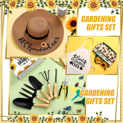 16 Pcs Mothers Day Garden Gift for Nana Women Garden Tools Sunflower Birthday Gardening Supplies from Grandson Gloves Apron Insulation Cup Fork Trowel Tote Bags for Plant Lover Present
