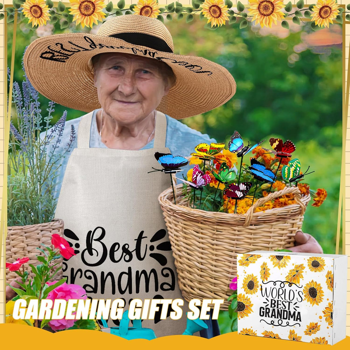 16 Pcs Mothers Day Garden Gift for Nana Women Garden Tools Sunflower Birthday Gardening Supplies from Grandson Gloves Apron Insulation Cup Fork Trowel Tote Bags for Plant Lover Present