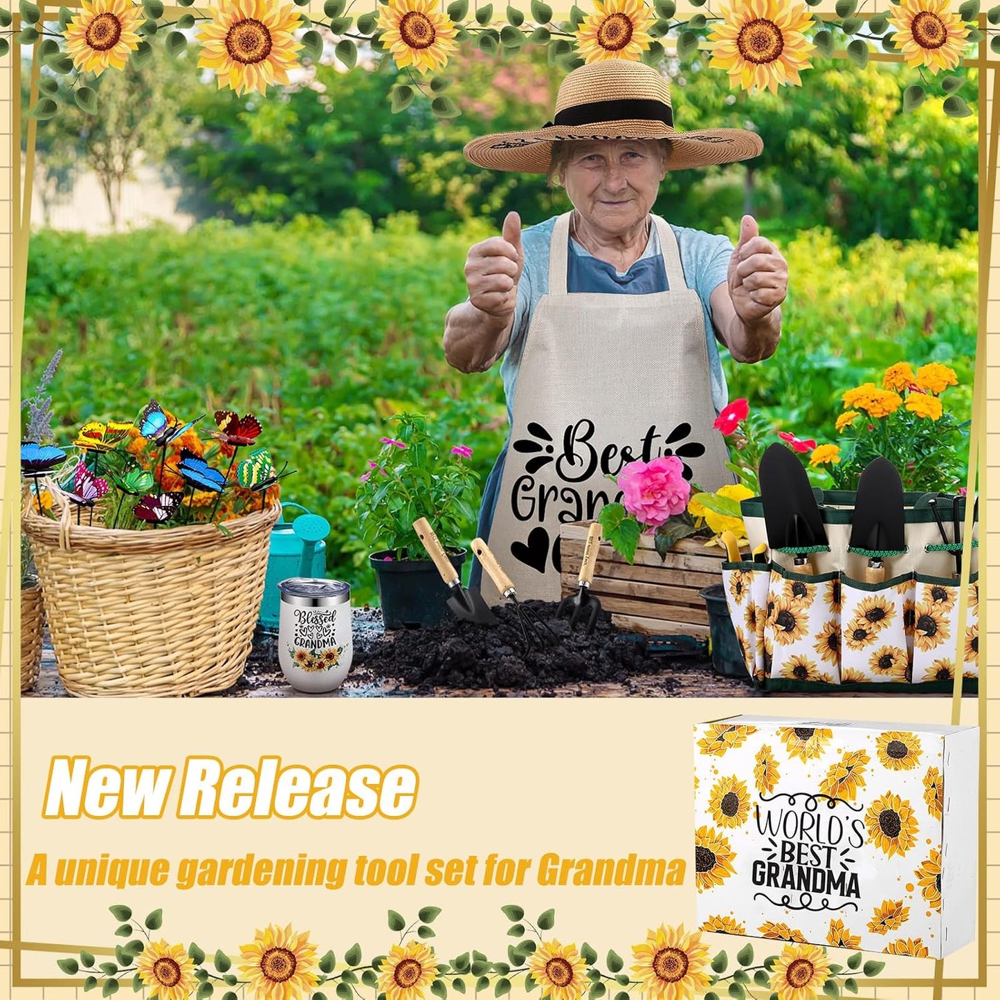 16 Pcs Mothers Day Garden Gift for Nana Women Garden Tools Sunflower Birthday Gardening Supplies from Grandson Gloves Apron Insulation Cup Fork Trowel Tote Bags for Plant Lover Present