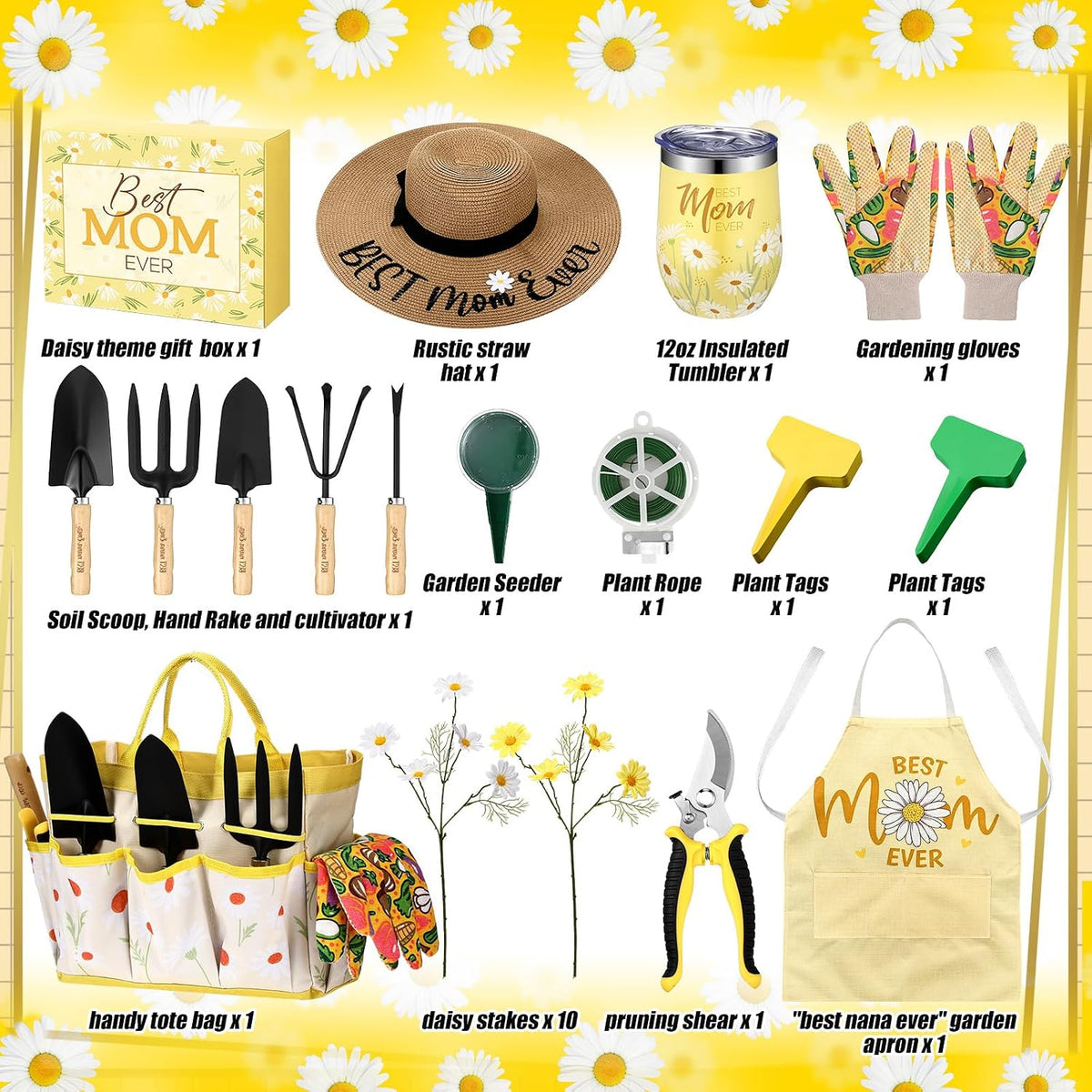16 Pcs Mothers Day Garden Gift for Nana Women Garden Tools Sunflower Birthday Gardening Supplies from Grandson Gloves Apron Insulation Cup Fork Trowel Tote Bags for Plant Lover Present