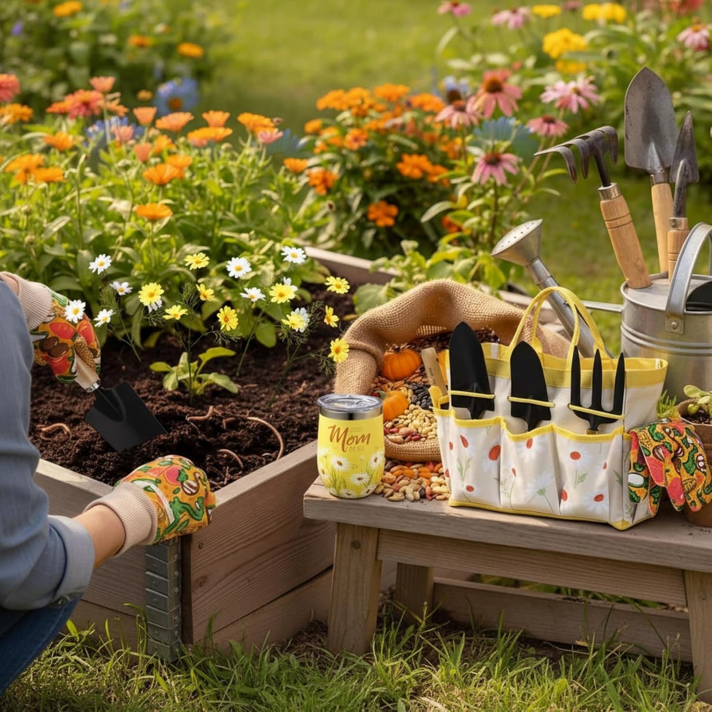 16 Pcs Mothers Day Garden Gift for Nana Women Garden Tools Sunflower Birthday Gardening Supplies from Grandson Gloves Apron Insulation Cup Fork Trowel Tote Bags for Plant Lover Present
