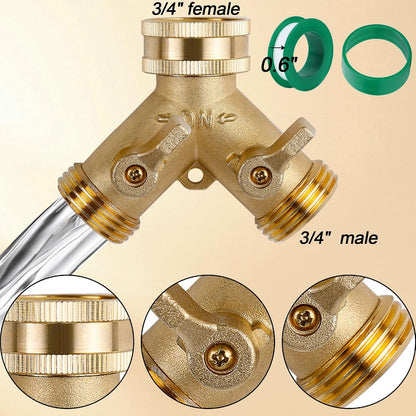 Triumpeek Brass Garden Hose Splitter, 3/4 Inch 2-Way Y Brass Hose Connector with O-ring Washers & Tape