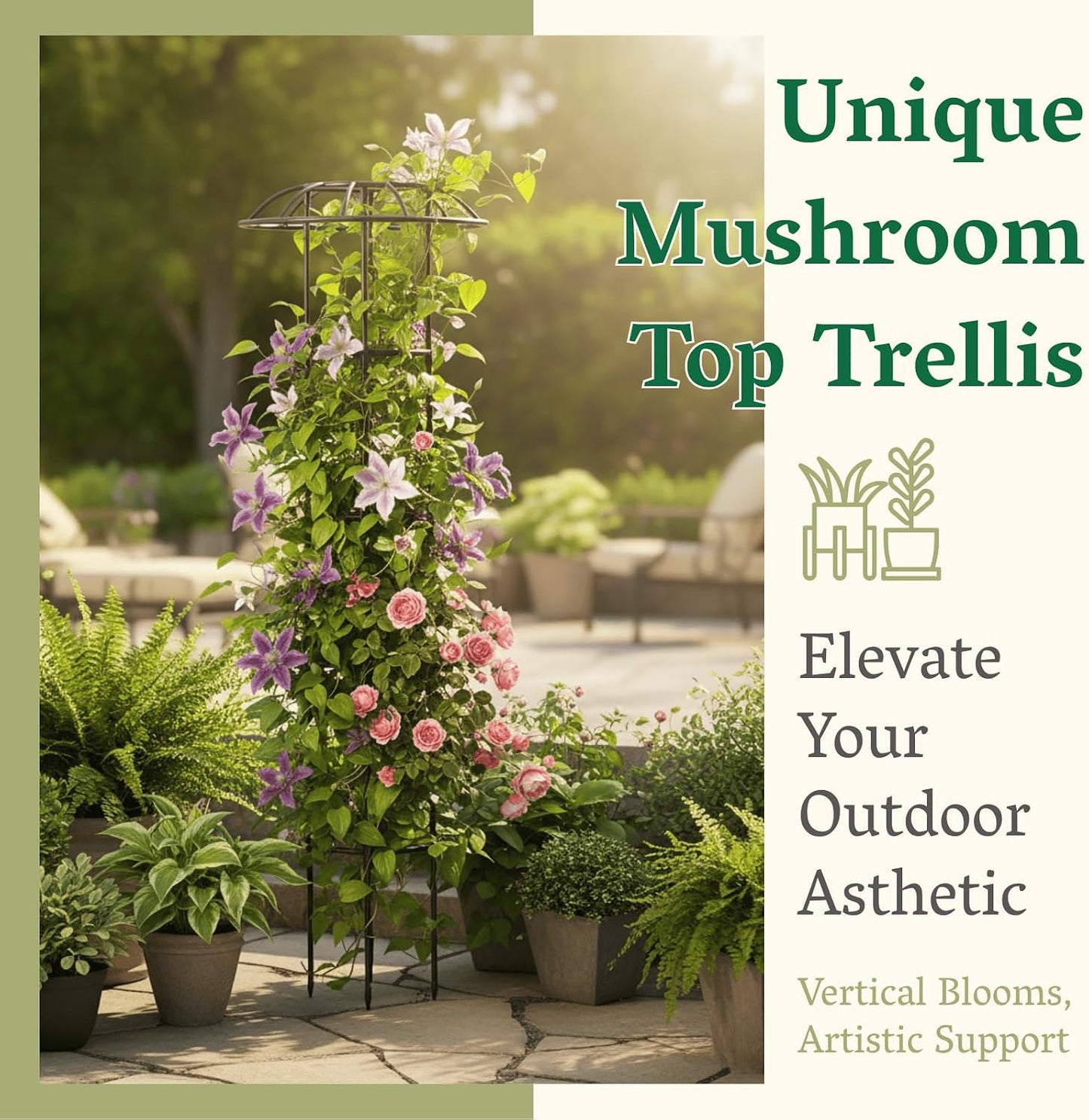Garden Obelisk Trellis for Climbing Plants Outdoor | 64 Inch Rustproof Plastic Coated Mushroom Top Trellis for Potted Plants, Vines, Roses, Clematis