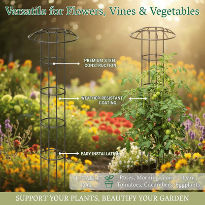 Garden Obelisk Trellis for Climbing Plants Outdoor | 64 Inch Rustproof Plastic Coated Mushroom Top Trellis for Potted Plants, Vines, Roses, Clematis