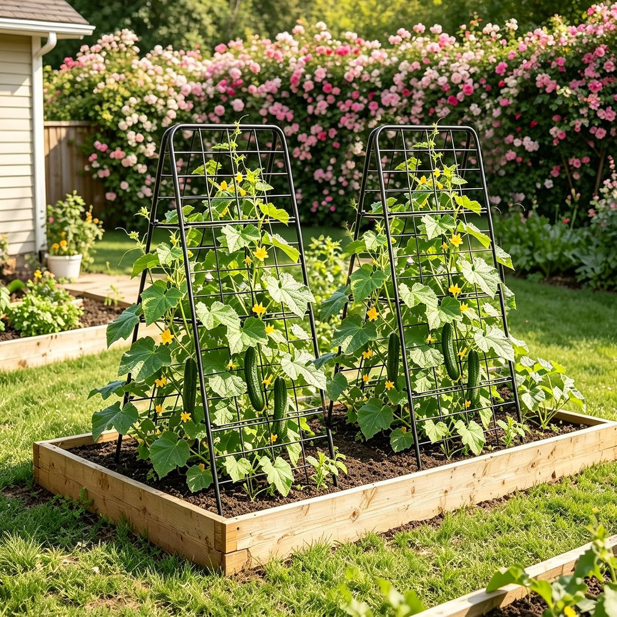 Cucumber Trellis, Garden Trellis for Climbing Plants Outdoor, Foldable A-Frame Trellis, Cucumber Trellis for Raised Bed for Cucumbers, Peas, or Tomatoes (Green, Small Grid 48‘’H*34''W)