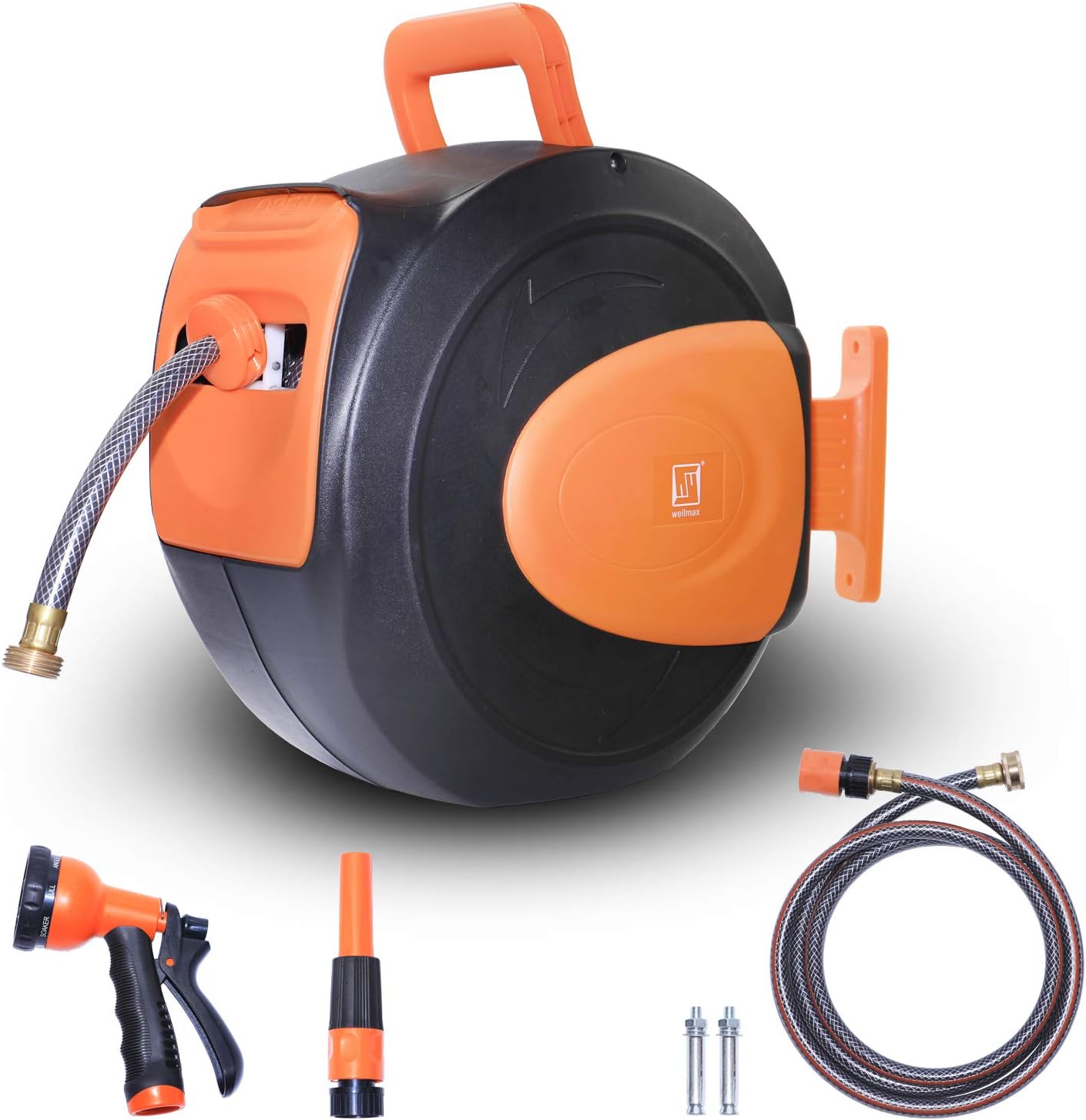 Retractable Water Hose Reel with Wall Mount, Flexible Garden Hoses Expandable Up to 65ft + 7ft Hose Connector, Kink Free and Convenient Storage