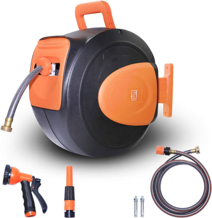 Retractable Water Hose Reel with Wall Mount, Flexible Garden Hoses Expandable Up to 65ft + 7ft Hose Connector, Kink Free and Convenient Storage
