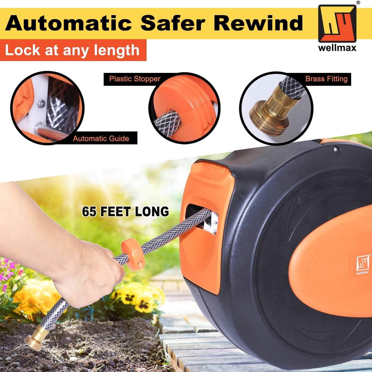 Retractable Water Hose Reel with Wall Mount, Flexible Garden Hoses Expandable Up to 65ft + 7ft Hose Connector, Kink Free and Convenient Storage