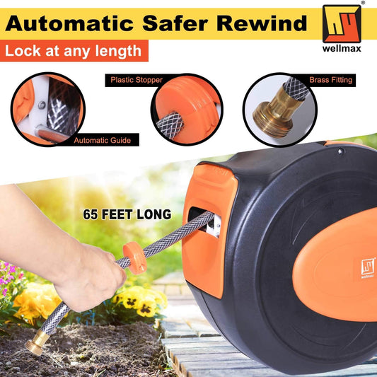 Retractable Water Hose Reel with Wall Mount, Flexible Garden Hoses Expandable Up to 65ft + 7ft Hose Connector, Kink Free and Convenient Storage
