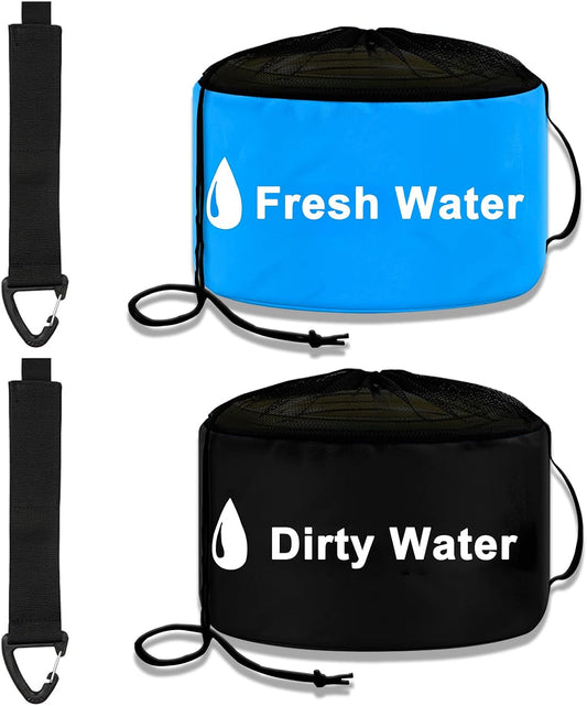 2-Pack RV Tools Accessories Bag for Fresh/Black Water Sewer Hoses and Electrical Cords, Waterproof RV Hose Storage Bags with Drawstring Mesh Top, RV Utility bag, Sewer Hose Bag, Blue and Black