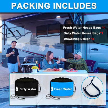 2-Pack RV Tools Accessories Bag for Fresh/Black Water Sewer Hoses and Electrical Cords, Waterproof RV Hose Storage Bags with Drawstring Mesh Top, RV Utility bag, Sewer Hose Bag, Blue and Black