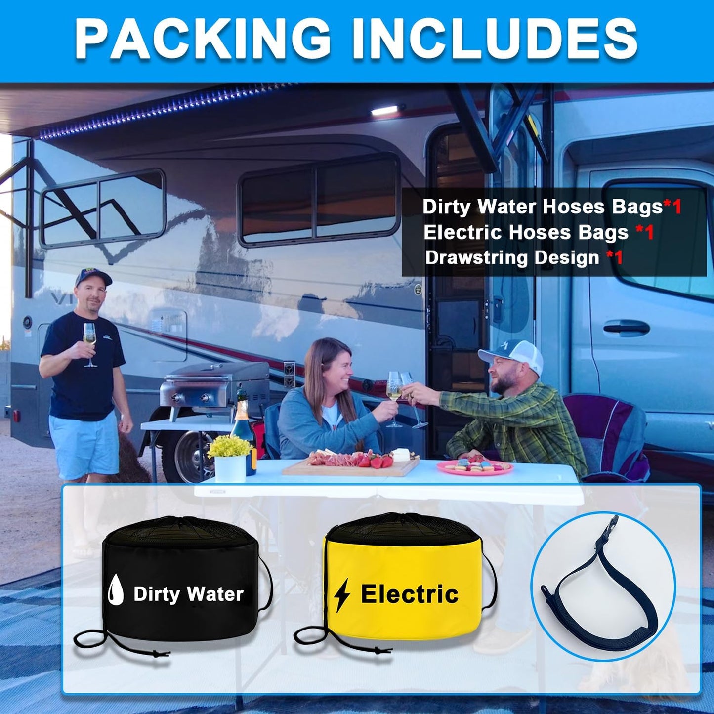 2-Pack RV Tools Accessories Bag for Fresh/Black Water Sewer Hoses and Electrical Cords, Waterproof RV Hose Storage Bags with Drawstring Mesh Top, RV Utility bag, Sewer Hose Bag, Blue and Black