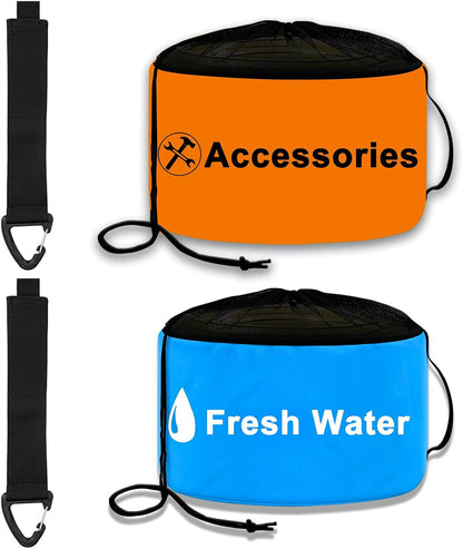 2-Pack RV Tools Accessories Bag for Fresh/Black Water Sewer Hoses and Electrical Cords, Waterproof RV Hose Storage Bags with Drawstring Mesh Top, RV Utility bag, Sewer Hose Bag, Blue and Black