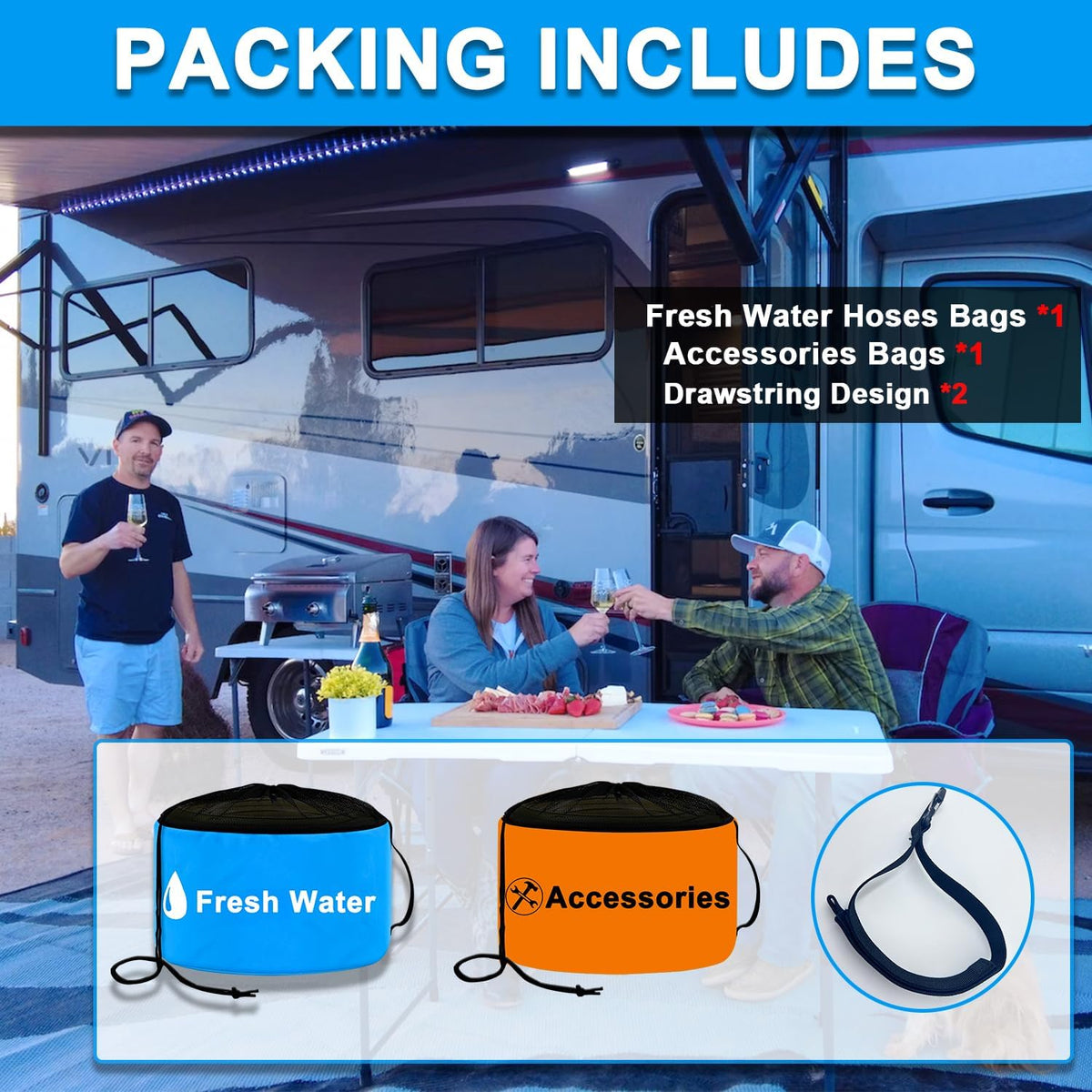 2-Pack RV Tools Accessories Bag for Fresh/Black Water Sewer Hoses and Electrical Cords, Waterproof RV Hose Storage Bags with Drawstring Mesh Top, RV Utility bag, Sewer Hose Bag, Blue and Black