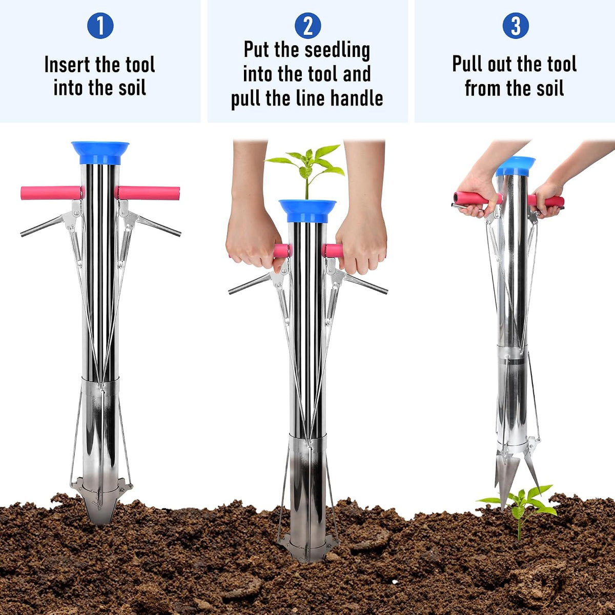 Seedling Transplanter Long Handled Bulb Planter Tools Stainless Steel